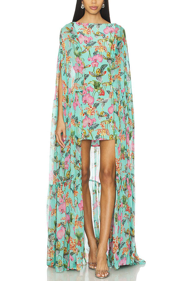 Garden Party Contrast Floral Print High Low Cape Maxi Dress-consonak