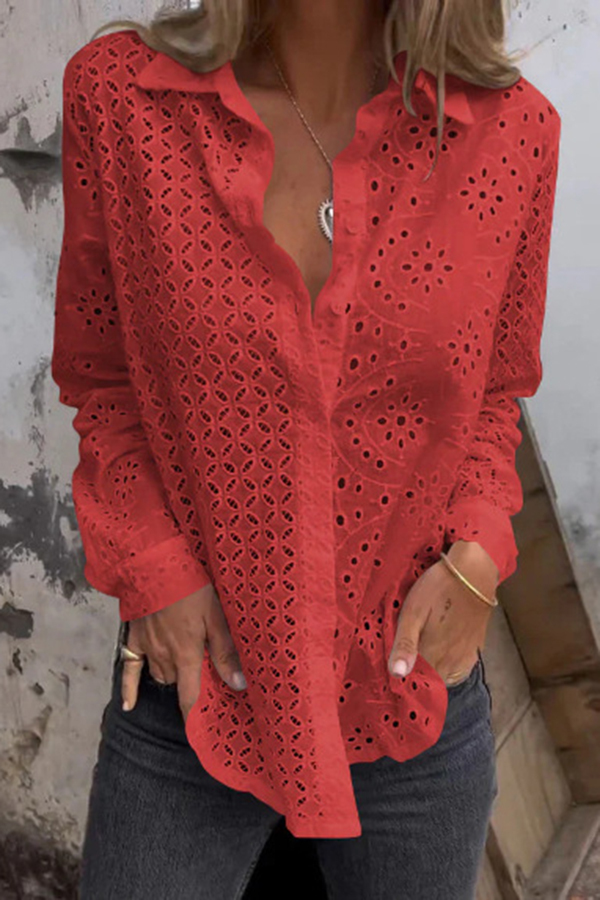 Solid Color Cutout Long-sleeved Loose Button-down Shirt-consonak