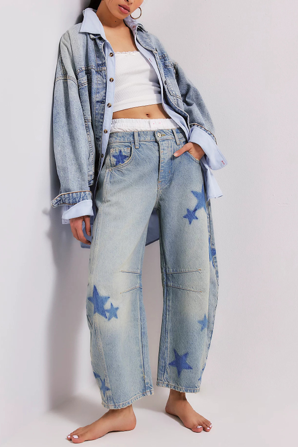 Fashionable Printed Casual Loose Mid-rise Pocket Leg Jeans