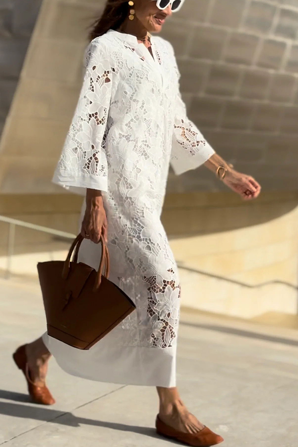 Confidence and Adventure Flower Lace V-neck Bell Sleeve Loose Midi Dress-consonak