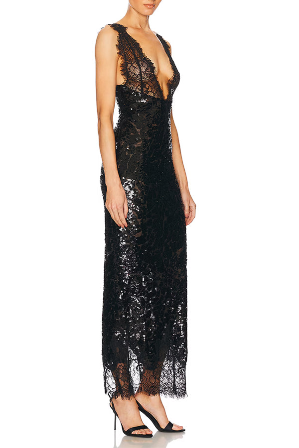 Lace-trimmed Deep V-neck Sequined Dress-Consonak