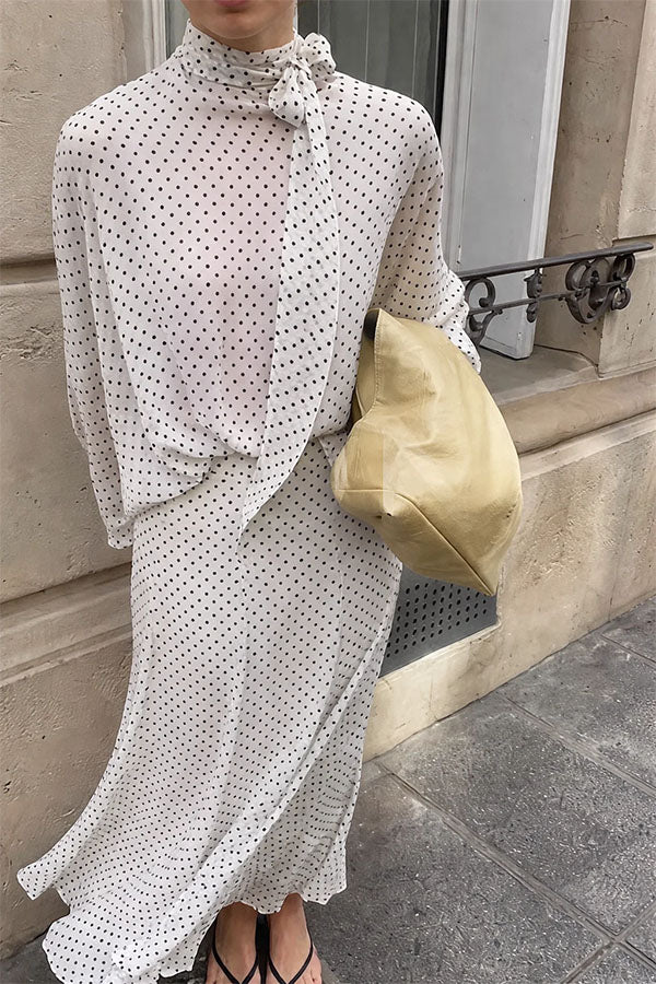 Seraphina Flowing Lantern-Sleeve Polka Dot Blouse-Consonak