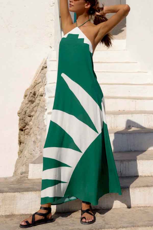 Stylish Color-blocked Print Halter Neck Backless Casual Vacation Maxi Dress | Consonak