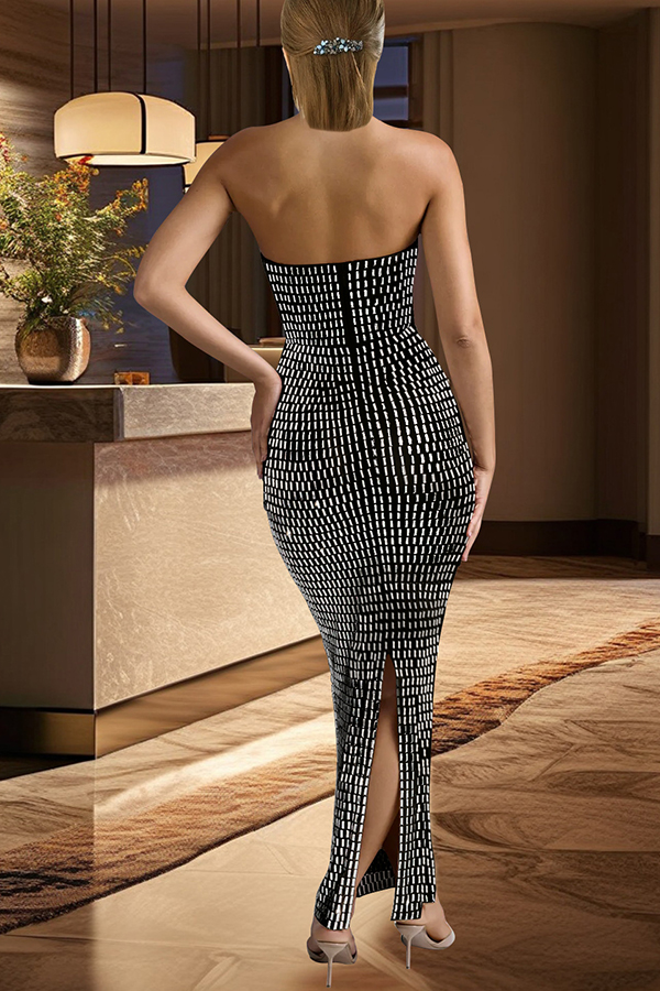 Flash Sculpture Rhinestone Embellished Bandeau Slit Stretch Maxi Dress-consonak