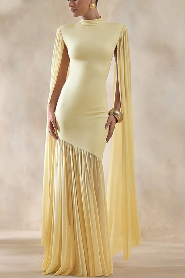 Elegant High-Neck Cape Detail Maxi Dress-Consonak