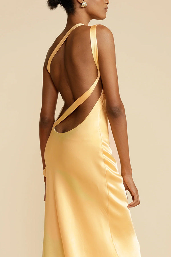 Moonlit Soiree Satin Asymmetrical One Shoulder Backless Strap Maxi Dress | Consonak