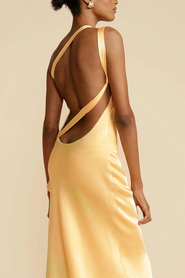 Moonlit Soiree Satin Asymmetrical One Shoulder Backless Strap Maxi Dress-consonak