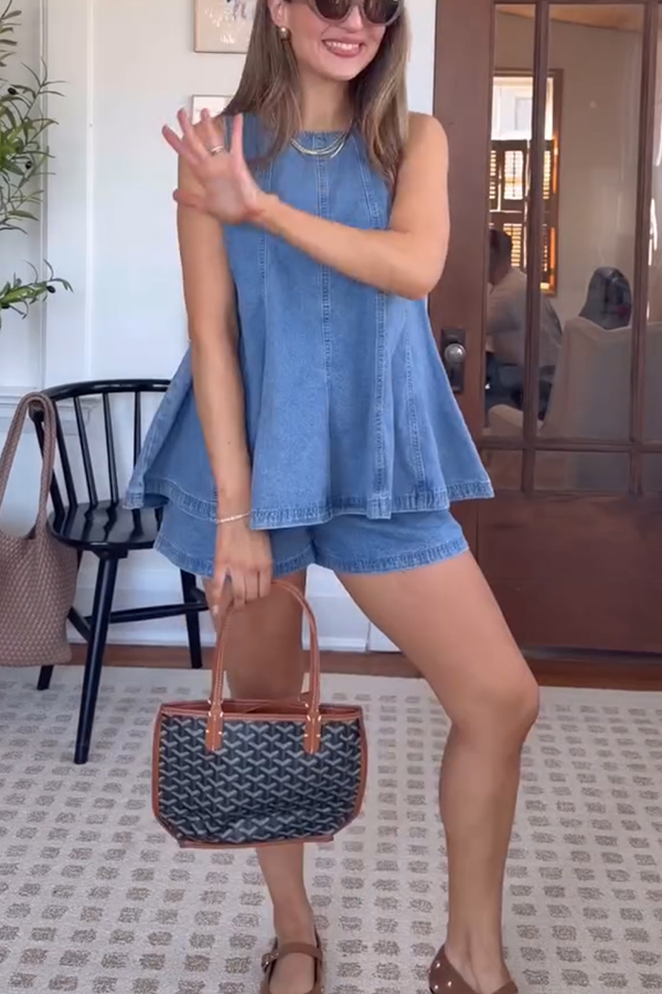 Adventure Awaits Denim Vertical Seam Sleeveless Flare Hem Top and Elastic Waist Pocket Shorts Set-consonak