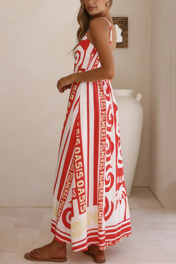 Unique Printed Sleeveless Square Neck Casual Pocket Vacation Maxi Dress