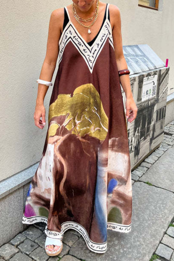 Unique Print Loose-fitting V-neck Casual Holiday Maxi Dress