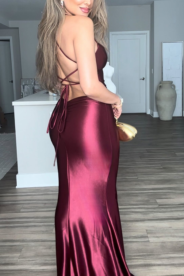 Mermaid Silhouette Satin Back Lace-up Ruched Slip Maxi Dress-consonak