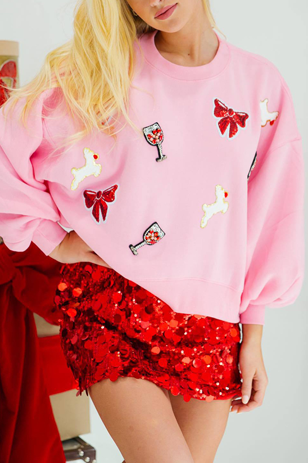 Christmas Bow Wine Glass Sequin Loose Long Sleeve Sweatshirt-consonak