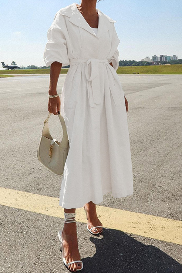 Solid Color Lapel Long Sleeves Lace-up Waist Mid-length Coat-consonak