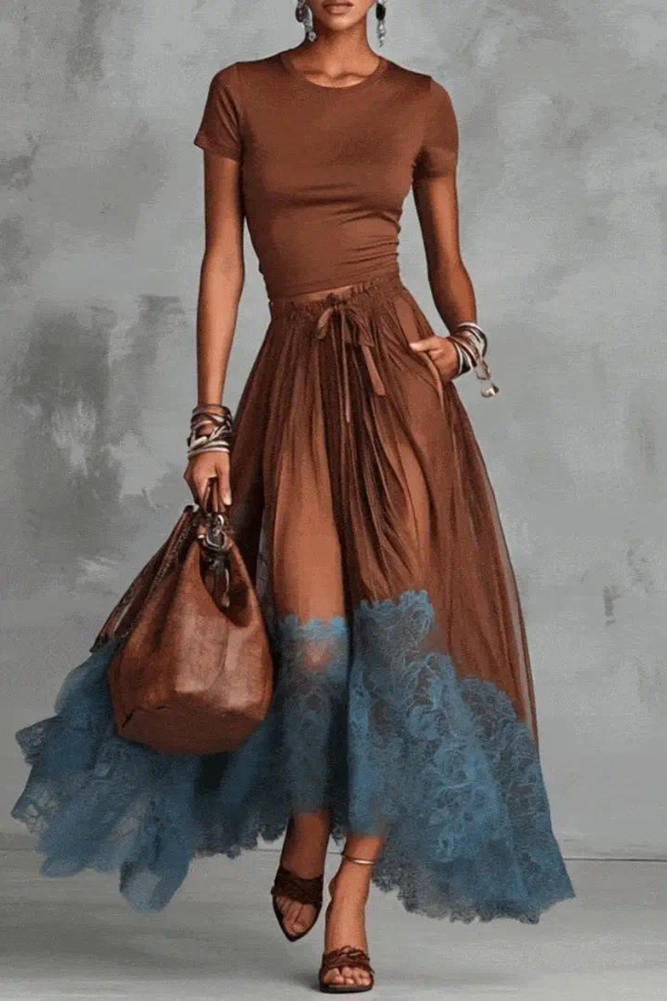 Stylish Round Neck Short-sleeved Fitted Top and Elastic Waist Pockets Lace Hem Maxi Skirt Set-Consonak