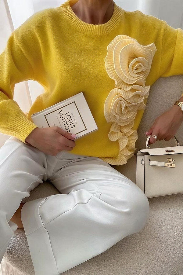 Solid Color 3D Floral Loose Long-sleeved Knit Sweater-consonak