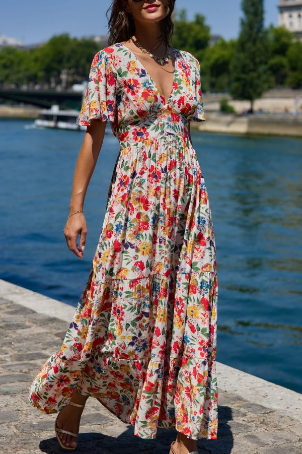 Floral Print V-neck Short-sleeved Elegant Fitted Waist Maxi Dress