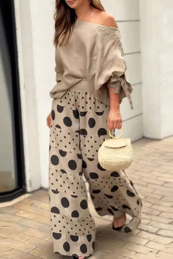 Stylish Tie-cuff Loose Top and Polka Dot Print Pocket Wide Leg Pants Set-consonak
