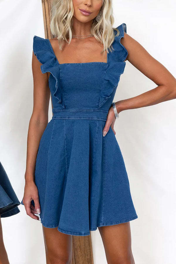 Sweet Secret Denim Square Neck Ruffle Sleeve Stretch Mini Dress-consonak