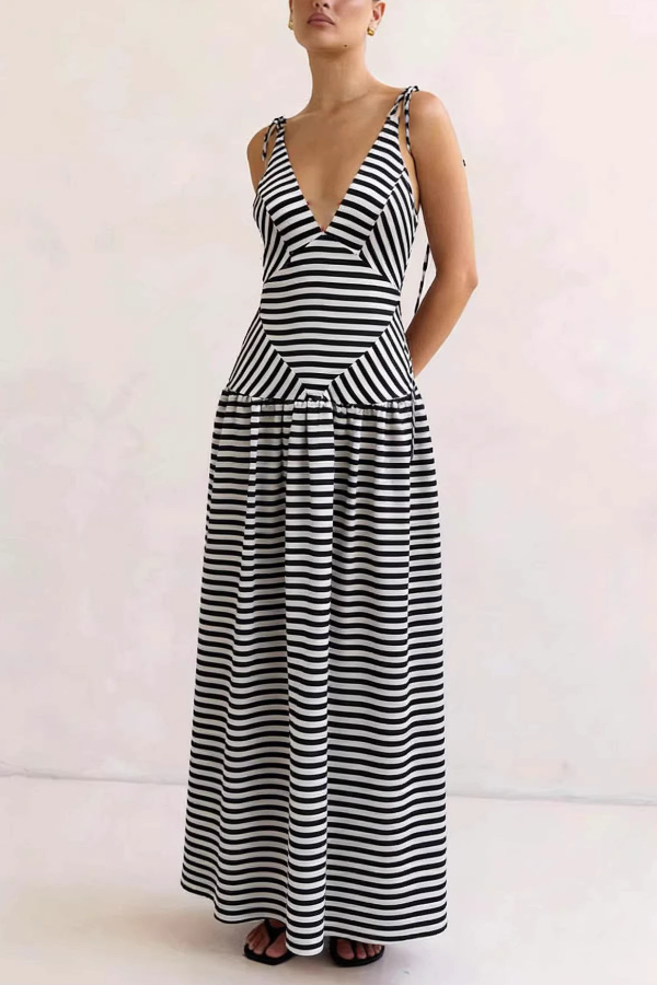 Striped Print V-neck Sleeveless Casual Vacation Maxi Dress