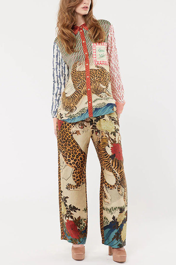 Tropical Jungle Tiger Unique Print Long Sleeve Loose Shirt and Elastic Waist Pants Set | Consonak