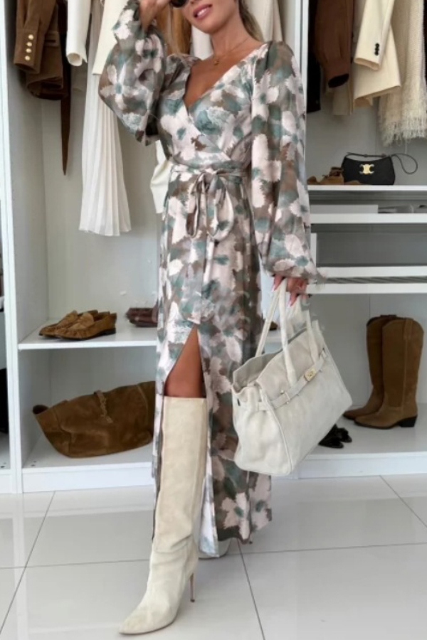 Unique Printed V-neck Long-sleeved Waist Tie Slit Maxi Dress-consonak