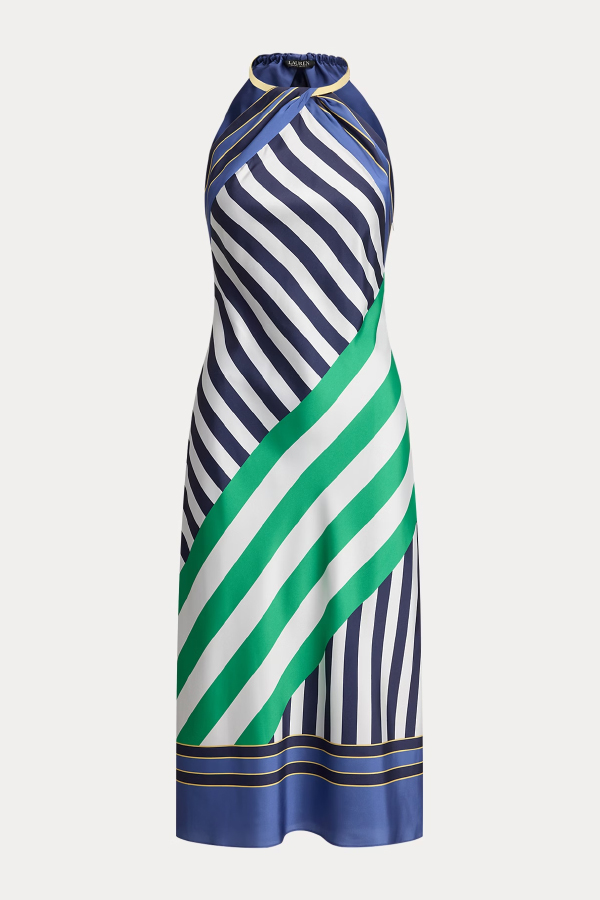Striped Print Halter Neck Sleeveless Casual Midi Dress