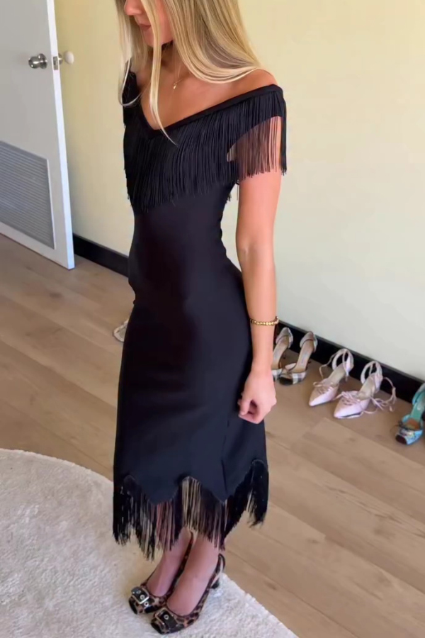 Solid Color V-neck Off-shoulder Slim-fit Tassel Midi Dress | Consonak