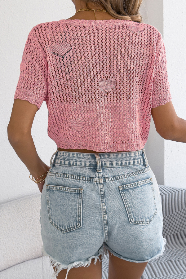 Solid Color Loose-fitting Hollow V-neck Short-sleeved Knitted Cardigan-consonak