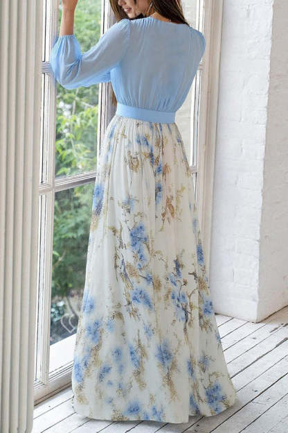 Plant Print V-neck Long Sleeve Elegant Stitching Maxi Dress-consonak