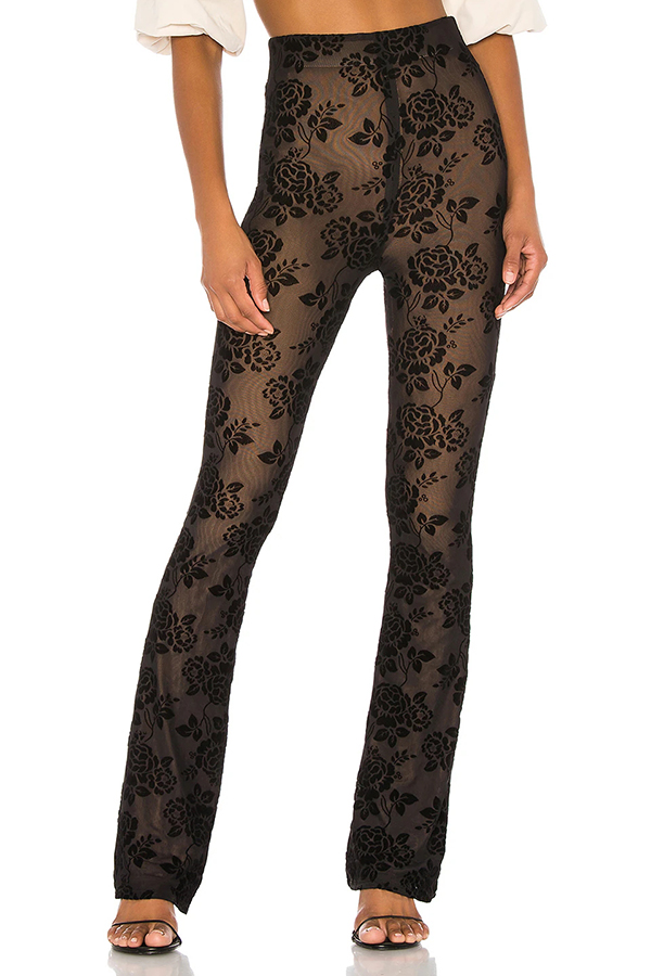 Romance Detail Flower Pattern Mesh Elastic Waist Stretch Flare Pants-consonak