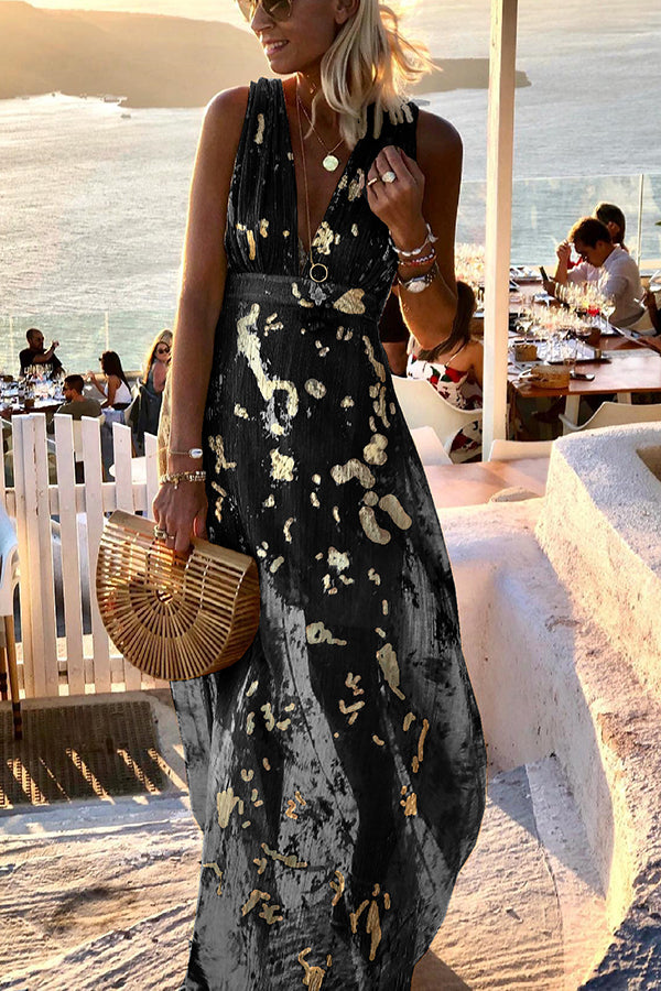 Golden Sunset Stories V-neck Maxi Dress | Consonak