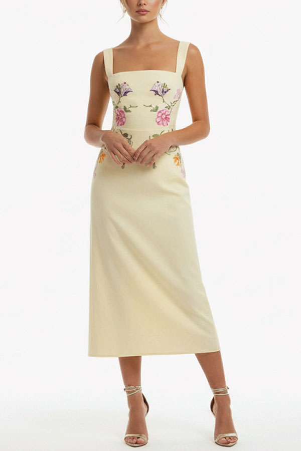 Artistically Crafted Symmetrical Floral Print Square Neck Pencil Midi Dress