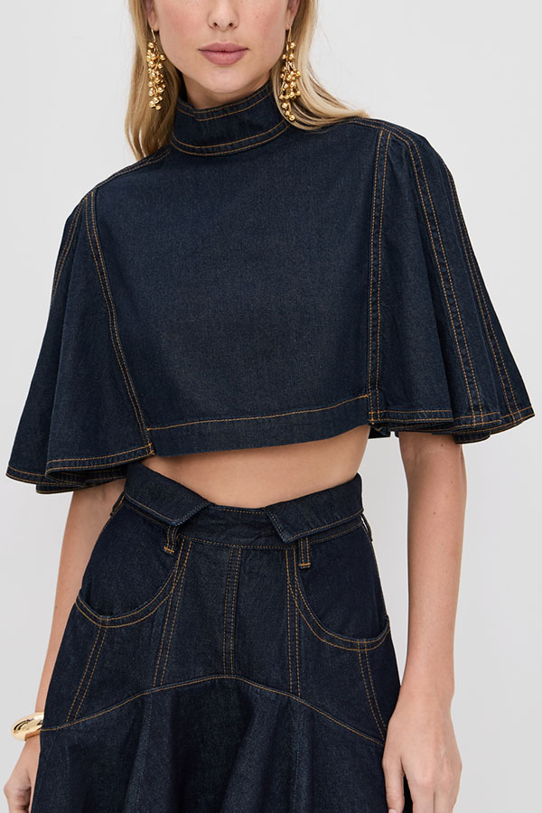 Next Vacation Denim Mock Neck Short Flutter Sleeves Crop Top | Consonak