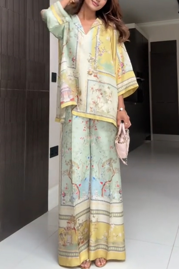 Elonie Satin Floral Print V-neck Half Sleeve Top and Elastic Waist Wide Leg Pants Set-consonak
