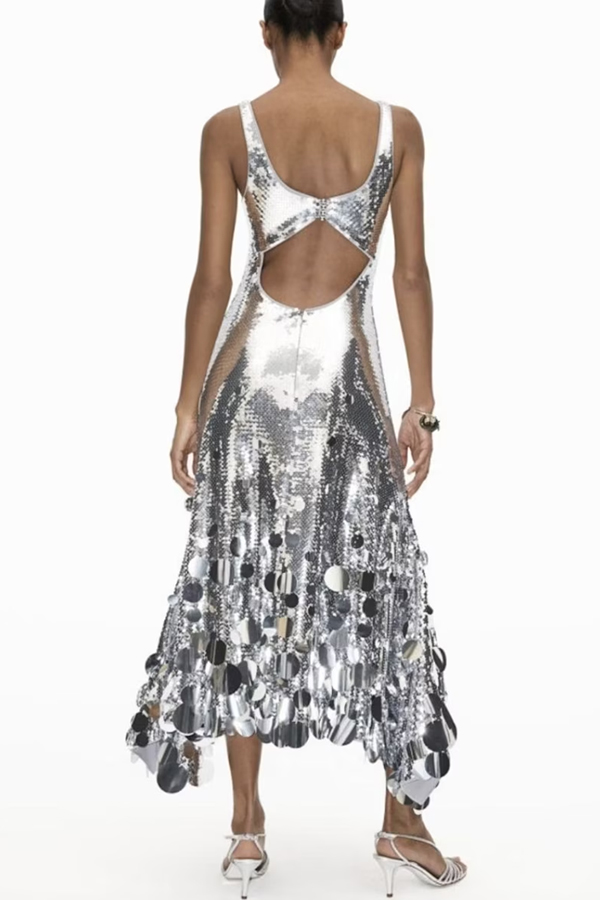 Party Tips Sequin Irregular Round Tassels Hem Back Cutout Tank Maxi Dress | Consonak