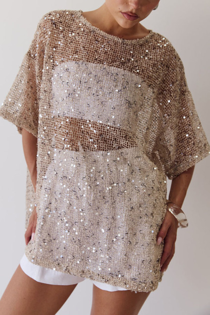 Edela Sheer Sequin Knit Fabric Short Sleeve Oversized Cover-up Tee