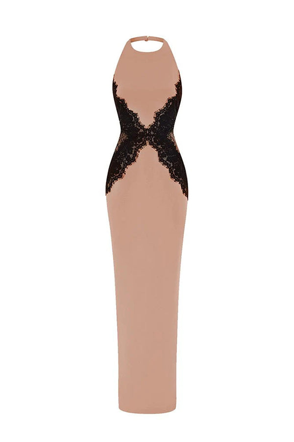 Sexy Halterneck Lace Paneled Backless Slim Maxi Dress-consonak