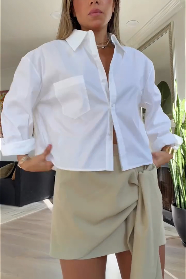 Easy Outfit Idea Long Sleeve Pocket Crop Oversized Fit Blouse