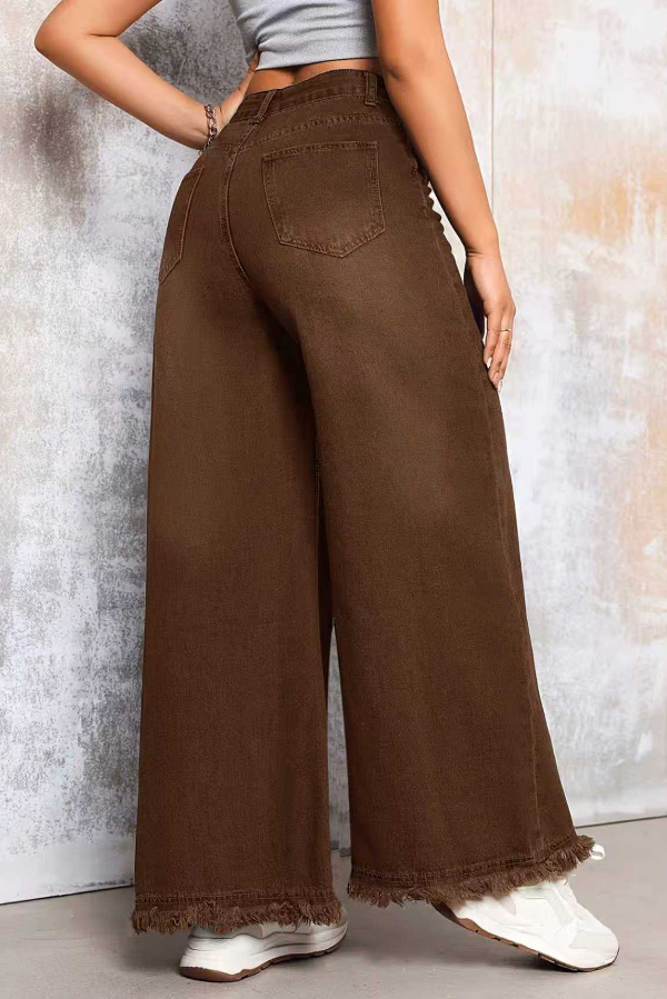 Stylish Loose-fitting Frayed Hem Casual Pocket Wide-leg Jeans