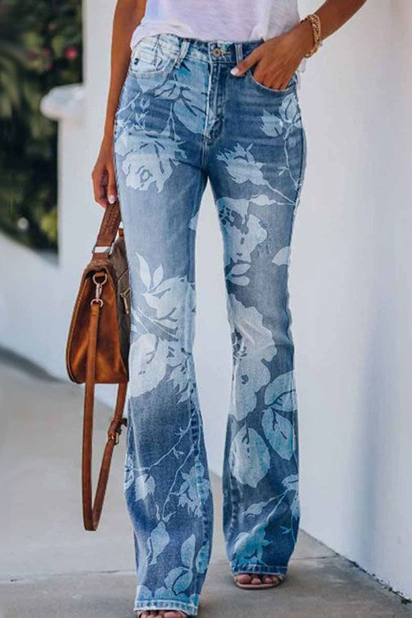On A Drive Printed Faux Denim High Rise Flare Pants | Consonak