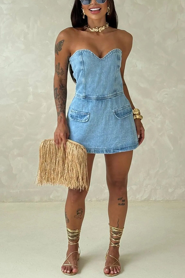 Avantie Denim Off Shoulder Back Smocked Zipper Romper