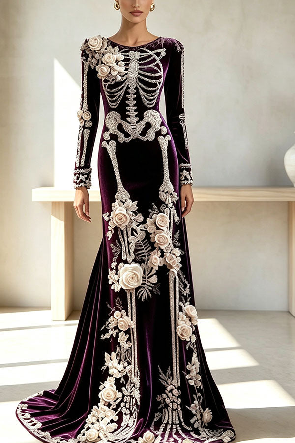 Luxury skull embroidered velvet dress-Consonak