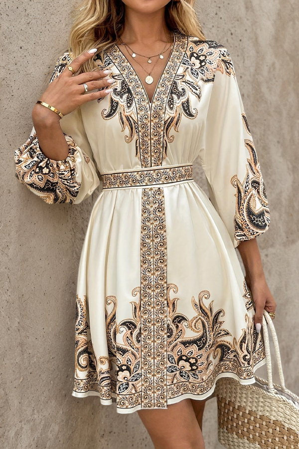 Unique Printed V-neck Lantern Sleeve Waist Tie Mini Dress | Consonak