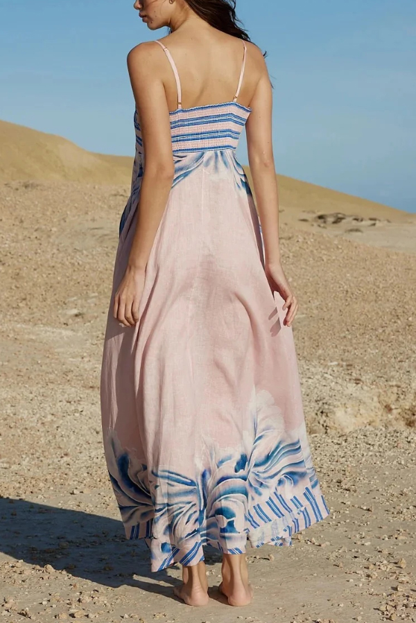 Unique Print Square Neck Spaghetti Strap Back Gathered Maxi Dress