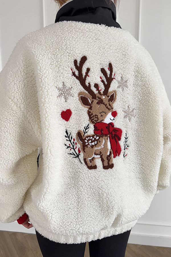Christmas Reindeer Print Colorblock Trim High-Pile Fleece Zipper Half Neck Long Sleeve Pocket Sweatshirts