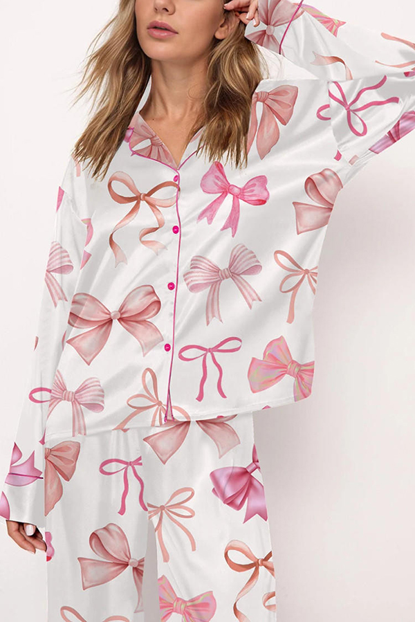 Stylish Bow-print Casual Long-sleeved Shirt and Elastic-waisted Wide-leg Pants Set-consonak