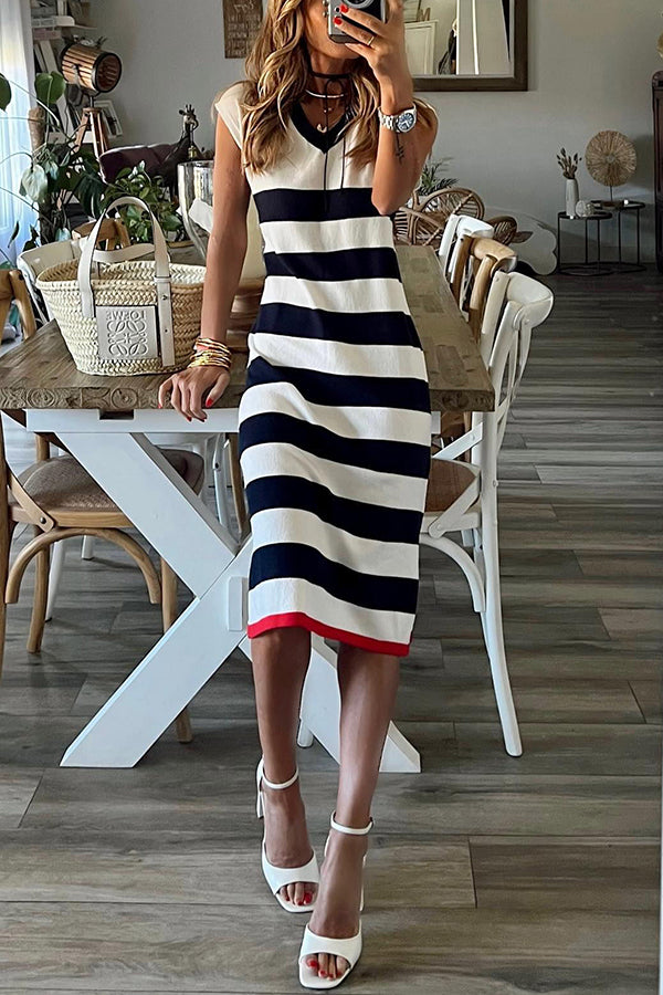 Cutest In The Room Striped V-neck Loose Slit Midi Dress-consonak