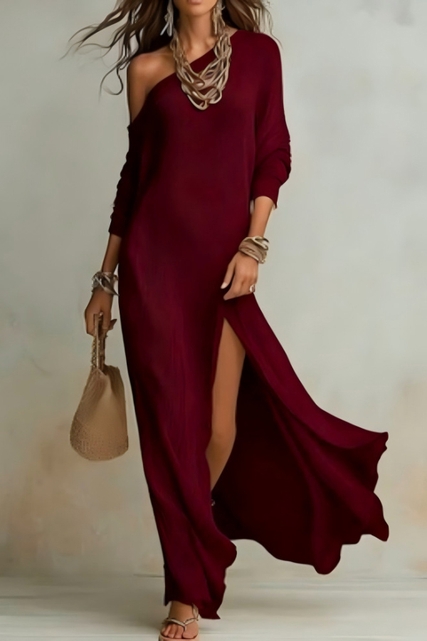 Solid Color Loose-fitting Slant Collar Long-sleeved Casual Slits Maxi Dress With