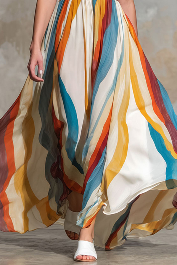 Multi-colored Striped Print V-neck Sleeveless Fitted Waist Vacation Maxi Dress