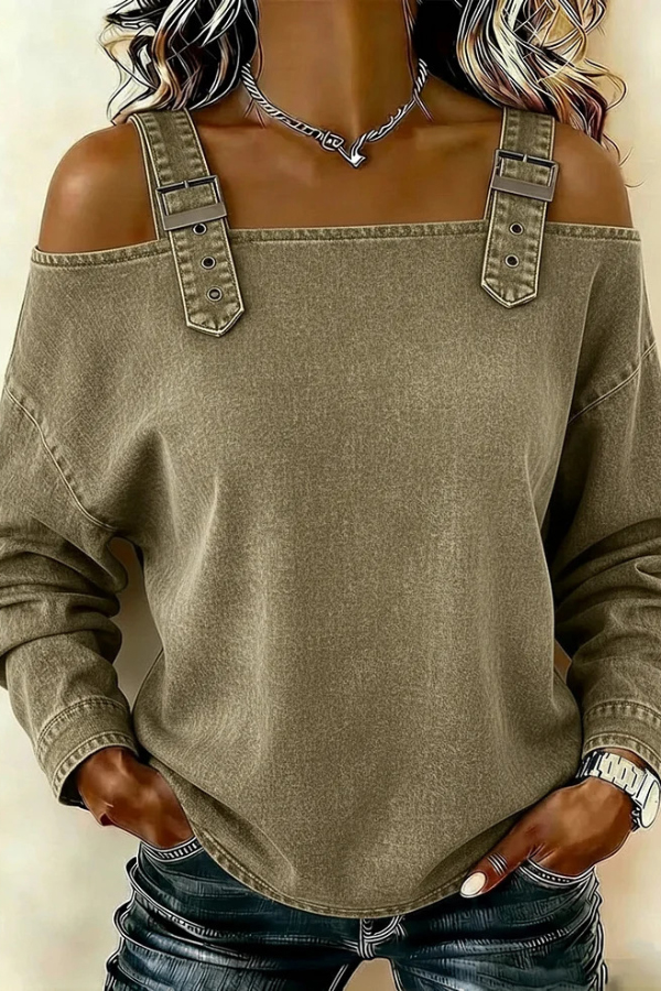 Fashionable Faux Denim Off-shoulder Long-sleeved Loose Top